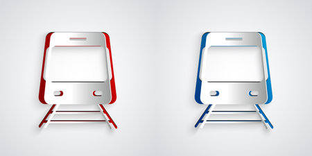 Paper cut Train and railway icon isolated on grey background. Public transportation symbol. Subway train transport. Metro underground. Paper art style. Vectorのイラスト素材