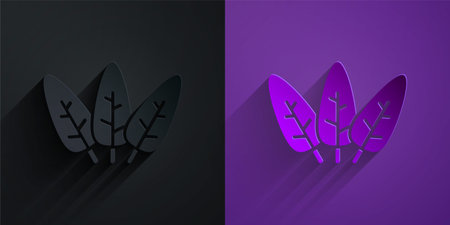 Paper cut Leaf icon isolated on black on purple background. Leaves sign. Fresh natural product symbol. Paper art style. Vectorのイラスト素材