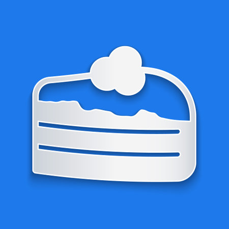 Paper cut Piece of cake icon isolated on blue background. Happy Birthday. Paper art style. Vectorのイラスト素材