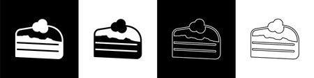 Set Piece of cake icon isolated on black and white background. Happy Birthday. Vectorのイラスト素材
