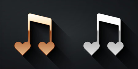 Gold and silver Music note, tone with hearts icon isolated on black background. Happy Valentines day. Long shadow style. Vectorのイラスト素材