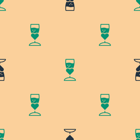 Green and black Glass of champagne icon isolated seamless pattern on beige background. Happy Valentines day. Vectorのイラスト素材