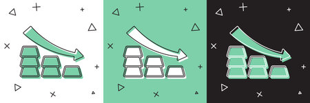 Set Finance falling chart arrow with gold bars icon isolated on white and green, black background. Financial success concept. Gold investment concept. Vectorのイラスト素材