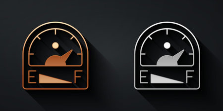Gold and silver Motor gas gauge icon isolated on black background. Empty fuel meter. Full tank indication. Long shadow style. Vectorのイラスト素材