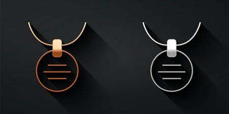 Gold and silver Collar with name tag icon isolated on black background. Simple supplies for domestic animal. Cat and dog care. Pet chains. Long shadow style. Vectorのイラスト素材