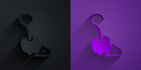 Paper cut Magic staff icon isolated on black on purple background. Magic wand, scepter, stick, rod. Paper art style. Vectorのイラスト素材