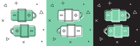 Set Battery icon isolated on white and green, black background. Lightning bolt symbol. Vector