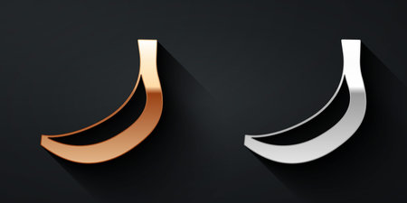 Gold and silver Banana icon isolated on black background. Long shadow style. Vectorのイラスト素材