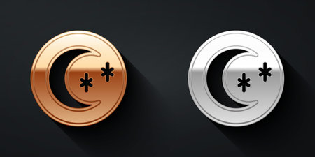 Gold and silver Moon and stars icon isolated on black background. Cloudy night sign. Sleep dreams symbol. Full moon. Night or bed time sign. Long shadow style. Vectorのイラスト素材