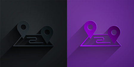 Paper cut Route location icon isolated on black on purple background. Map pointer sign. Concept of path or road. GPS navigator. Paper art style. Vectorのイラスト素材