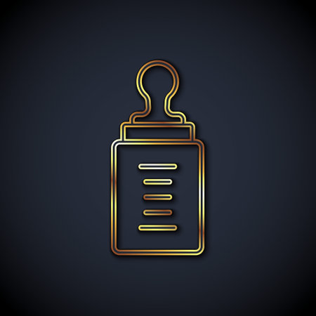 Gold line Baby bottle icon isolated on black background. Feeding bottle icon. Milk bottle sign. Vectorのイラスト素材