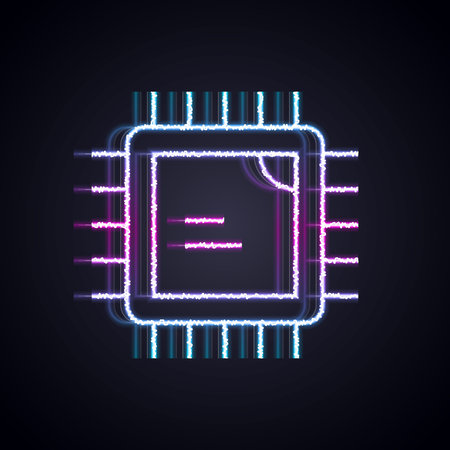Glowing neon line Computer processor with microcircuits CPU icon isolated on black background. Chip...