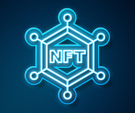 Glowing neon line NFT blockchain technology icon isolated on blue background. Non fungible token. Digital crypto art concept. Vectorのイラスト素材