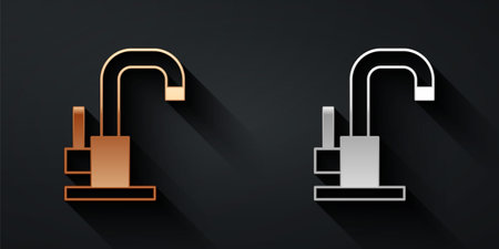 Gold and silver Water tap icon isolated on black background. Long shadow style. Vectorのイラスト素材