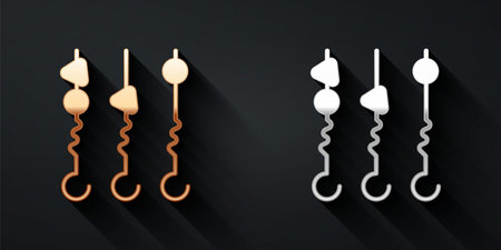 Gold and silver Grilled shish kebab on skewer stick icon isolated on black background. Meat kebab on skewer stick. Picnic with grilled meat. Long shadow style. Vectorのイラスト素材
