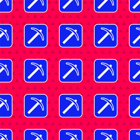Blue Pickaxe icon isolated seamless pattern on red background. Vector