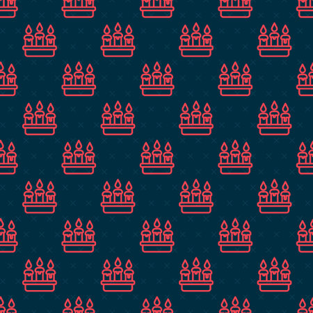 Red line Burning candle in candlestick icon isolated seamless pattern on black background. Cylindrical candle stick with burning flame. Vectorのイラスト素材