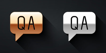 Gold and silver Speech bubbles with Question and Answer icon isolated on black background. Q and A...