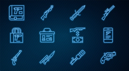 Set line Small gun revolver, Shop weapon in mobile app, Military knife, ammunition box, Buying pistol, Book with or, assault rifle and Hunting icon. Vectorのイラスト素材