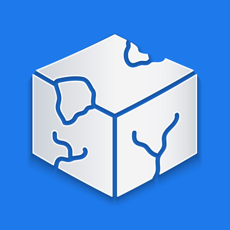 Paper cut Isometric cube icon isolated on blue background. Geometric cubes solid icon. 3D square sign. Box symbol. Paper art style. Vectorのイラスト素材