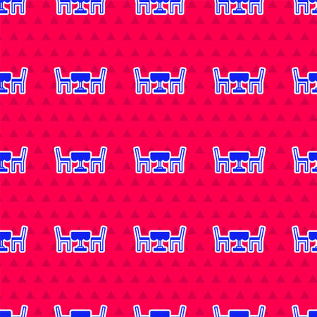 Blue French cafe icon isolated seamless pattern on red background. Street cafe. Table and chairs. Vectorのイラスト素材