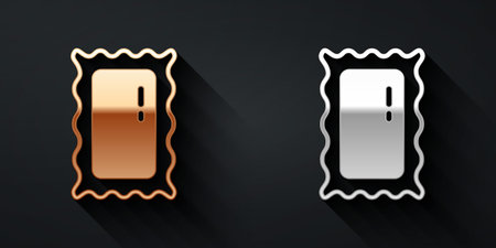 Gold and silver Big full length mirror for bedroom, shops, backstage icon isolated on black background. Long shadow style. Vectorのイラスト素材