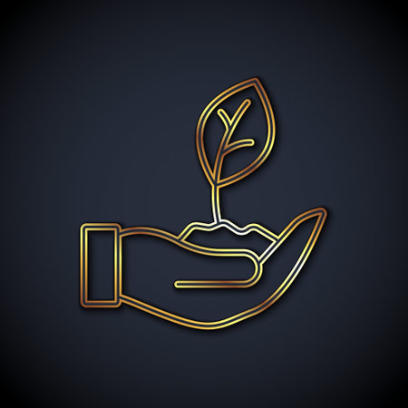 Gold line Plant in hand of environmental protection icon isolated on black background. Seed and seedling. Planting sapling. Vectorのイラスト素材