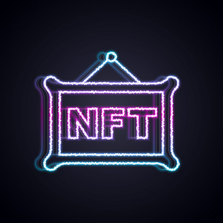 Glowing neon line NFT Digital crypto art icon isolated on black background. Non fungible token. Vectorのイラスト素材