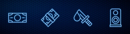 Set line Bloody knife, Stacks paper money cash, and Stereo speaker. Glowing neon icon on brick wall. Vectorのイラスト素材