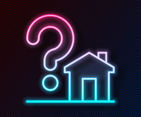 Glowing neon line House with question mark icon isolated on black background. Housing problems, questions. Vectorのイラスト素材