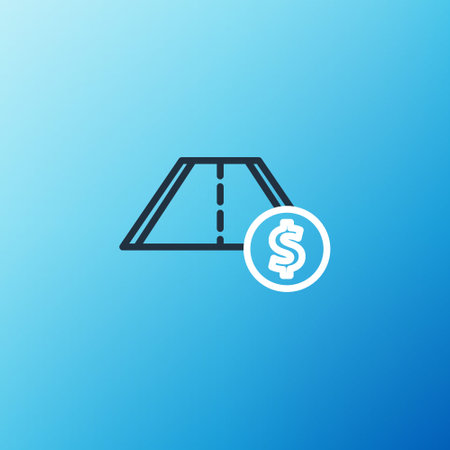Line Toll road traffic sign. Signpost icon isolated on blue background. Pointer symbol. Street information sign. Direction sign. Colorful outline concept. Vectorのイラスト素材