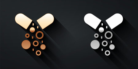 Gold and silver Poisoned pill icon isolated on black background. Pill with toxin. Dangerous drug. Long shadow style. Vectorのイラスト素材
