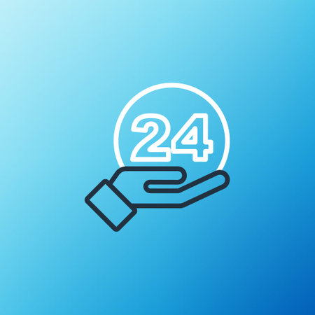 Line Telephone 24 hours support icon isolated on blue background. All-day customer support call-center. Full time call services. Colorful outline concept. Vectorのイラスト素材