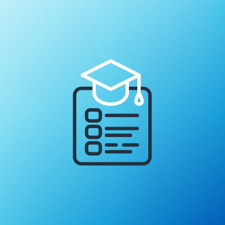Line Online education and graduation icon isolated on blue background. Online teacher on monitor. Webinar and video seminar learning. Colorful outline concept. Vectorのイラスト素材