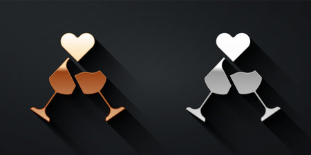 Gold and silver Glass of champagne icon isolated on black background. Happy Valentines day. Long shadow style. Vectorのイラスト素材