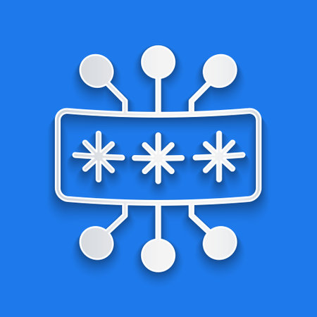 Paper cut Cyber security icon isolated on blue background. Closed padlock on digital circuit board. Safety concept. Digital data protection. Paper art style. Vectorのイラスト素材