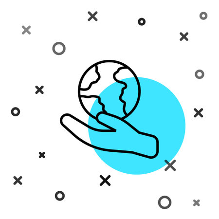 Black line Human hand holding Earth globe icon isolated on white background. Save earth concept. Random dynamic shapes. Vectorのイラスト素材