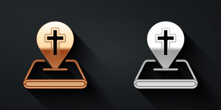 Gold and silver Map pin church building icon isolated on black background. Christian Church. Religion of church. Long shadow style. Vectorのイラスト素材