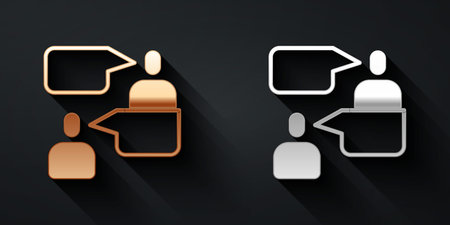 Gold and silver Two sitting men talking icon isolated on black background. Speech bubble chat. Message icon. Communication or comment chat symbol. Long shadow style. Vectorのイラスト素材