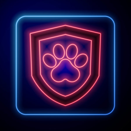 Glowing neon Animal health insurance icon isolated on black background. Pet protection concept. Dog or cat paw print. Vectorのイラスト素材