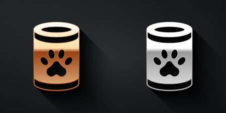 Gold and silver Canned food icon isolated on black background. Food for animals. Pet food can. Long shadow style. Vectorのイラスト素材