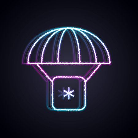 Glowing neon line Humanitarian aid icon isolated on black background. Medical cargo goes down to hard-to-reach places with a parachute. Vectorのイラスト素材