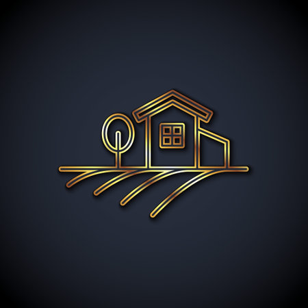 Gold line Village landscape icon isolated on black background. Vectorのイラスト素材