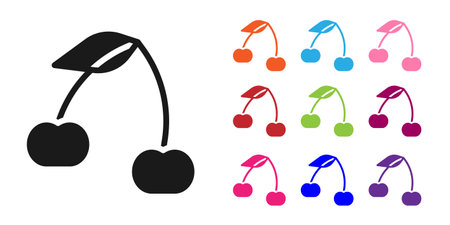Black Cherry icon isolated on white background. Fruit with leaf symbol. Set icons colorful. Vectorのイラスト素材