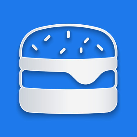 Paper cut Burger icon isolated on blue background. Hamburger icon. Cheeseburger sandwich sign. Fast food menu. Paper art style. Vectorのイラスト素材
