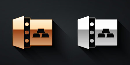 Gold and silver Safe with gold bars icon isolated on black background. Precious metals on deposit in bank. Metallic treasury. Reliable data protection. Long shadow style. Vectorのイラスト素材