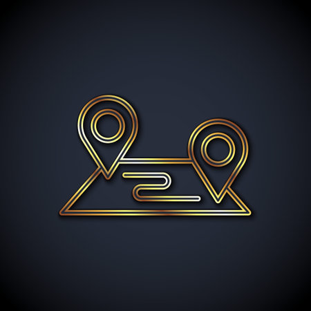 Gold line Route location icon isolated on black background. Map pointer sign. Concept of path or road. GPS navigator. Vectorのイラスト素材