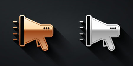 Gold and silver Megaphone icon isolated on black background. Speaker sign. Long shadow style. Vectorのイラスト素材