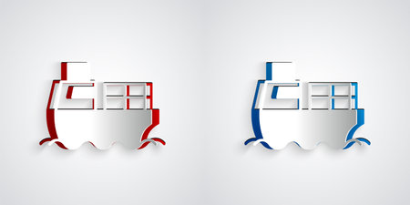 Paper cut Cargo ship with boxes delivery service icon isolated on grey background. Delivery, transportation. Freighter with parcels, boxes, goods. Paper art style. Vectorのイラスト素材