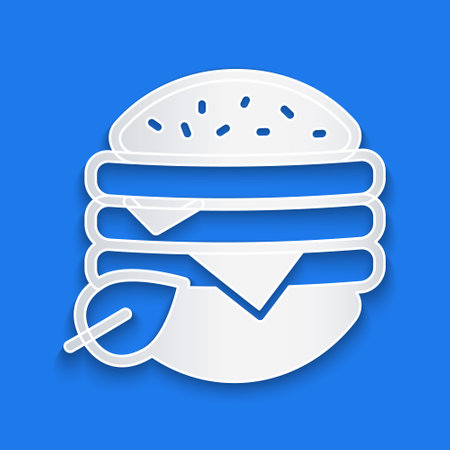 Paper cut Vegan food diet icon isolated on blue background. Organic, bio, eco symbol. Vegan, no meat, lactose free, healthy, fresh and nonviolent food. Paper art style. Vectorのイラスト素材